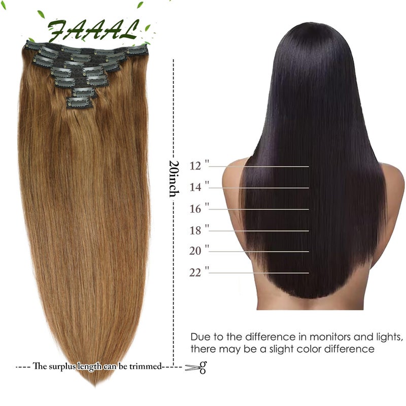 FAAAL 18" Clip in Human Hair Extensions Full Head 150g 7 Pieces 16 Clips 8# Light Brown Double Weft Brazilian Real Remy Hair Extensions Thick Straight Silky (18" 150g, Light Brown) - Image 5
